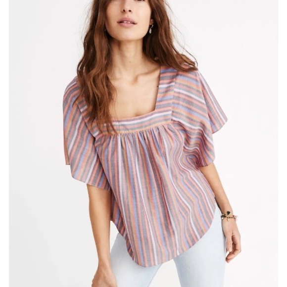 Madewell Butterfly Top Women's Striped Rainbow Flutter Sleeve Neck Blouse Size L - Picture 1 of 6